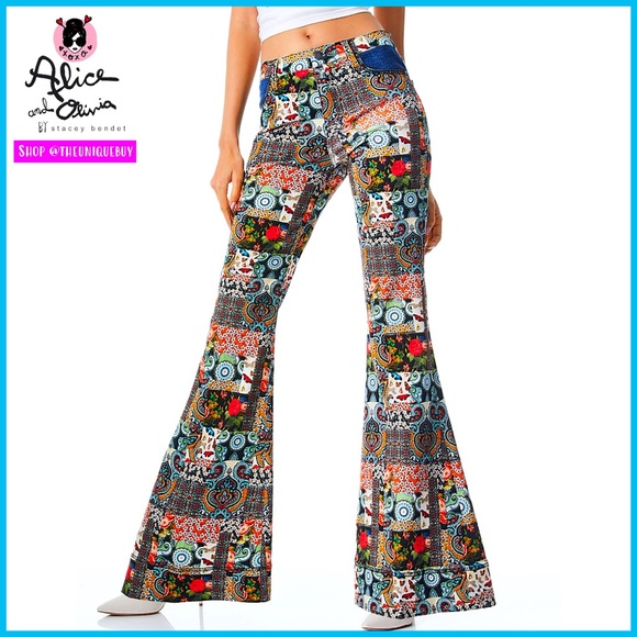 Alice + Olivia Beautiful Patchwork Mid Rise Denim Floral Flared Bell Jeans Pant - Picture 7 of 17